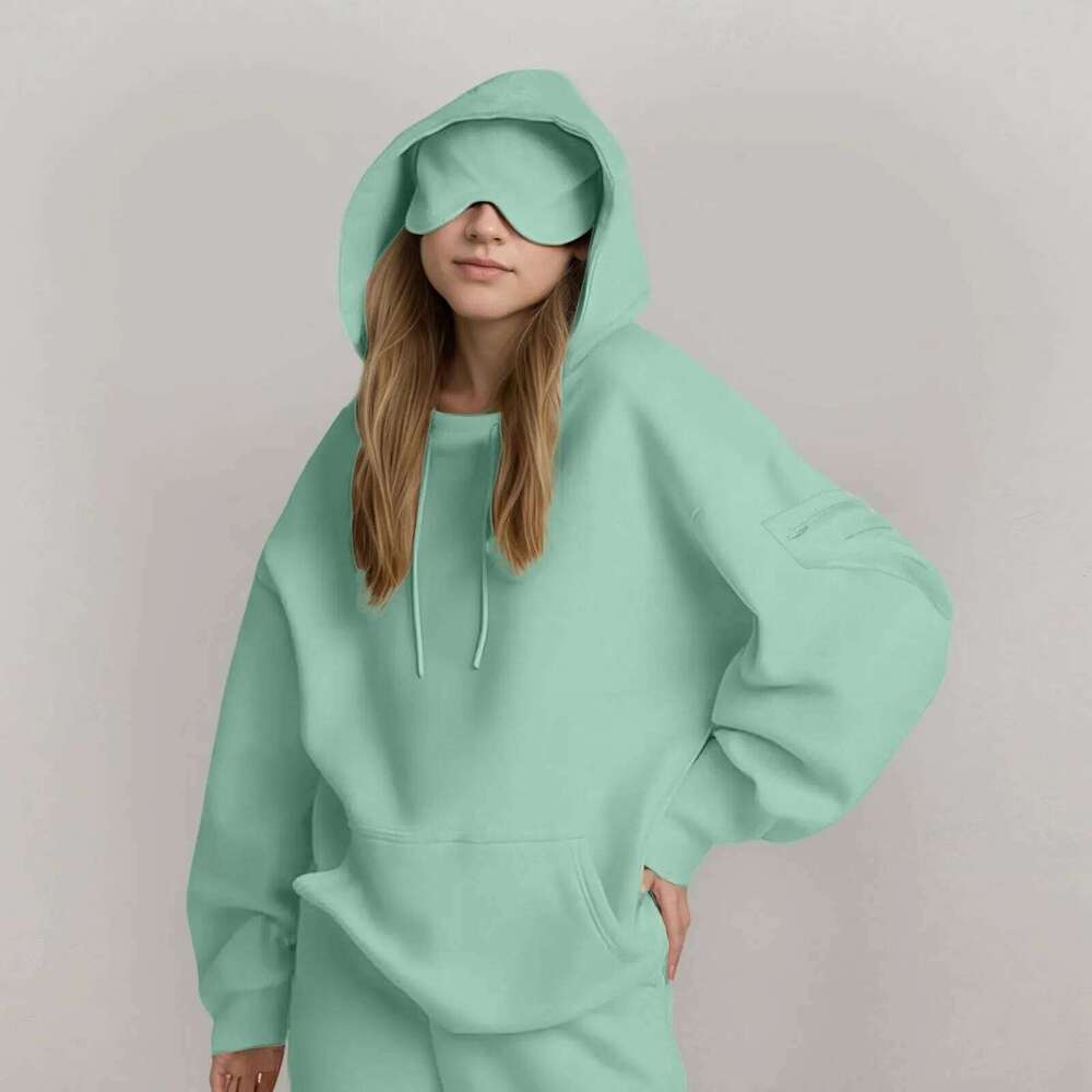 Women's Hooded Sweatshirt With Built-In Eye Mask,Pocket Long Sleeved Solid Color Sports Pullover,Autumn Casual Hoodie