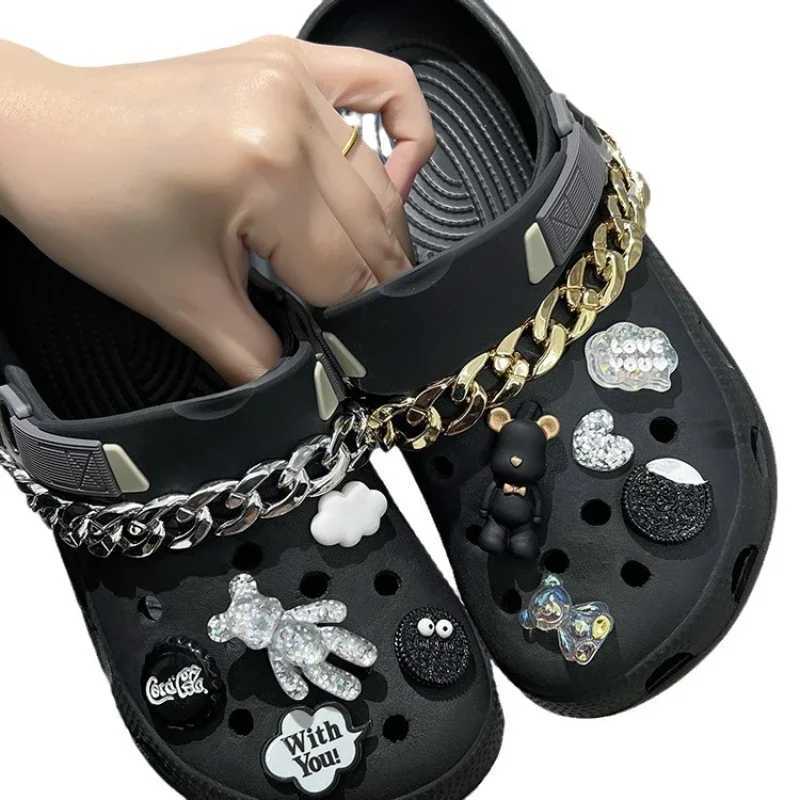 New Cave Shoe Accessories DIY Gold Silver Chain Teddy Bear Shoe Student Slippers Decorative Detachable Z250402