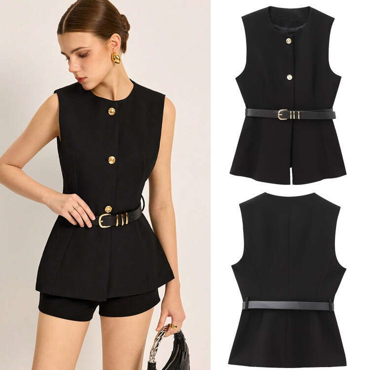 Cross-Border SHEIN Spring New Fashion European And American Style Round Neck Sleeveless Belted Vest Women's Top 1657 f9b1 a655