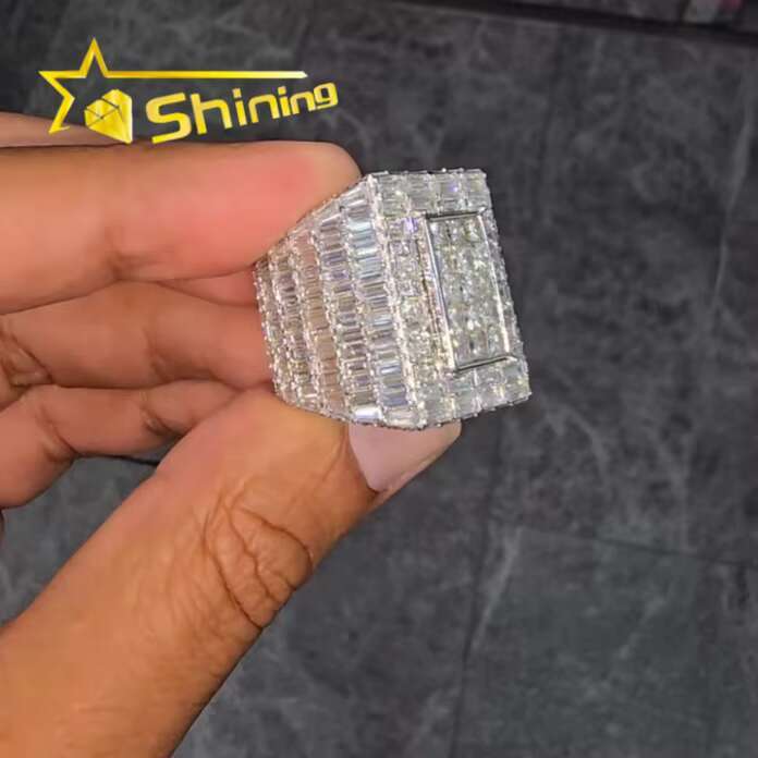 Iced Out VVS Moissanite Baguette Hiphop Championship Rings 925 Sterling Silver Buss Down Sparkling Custom Rings