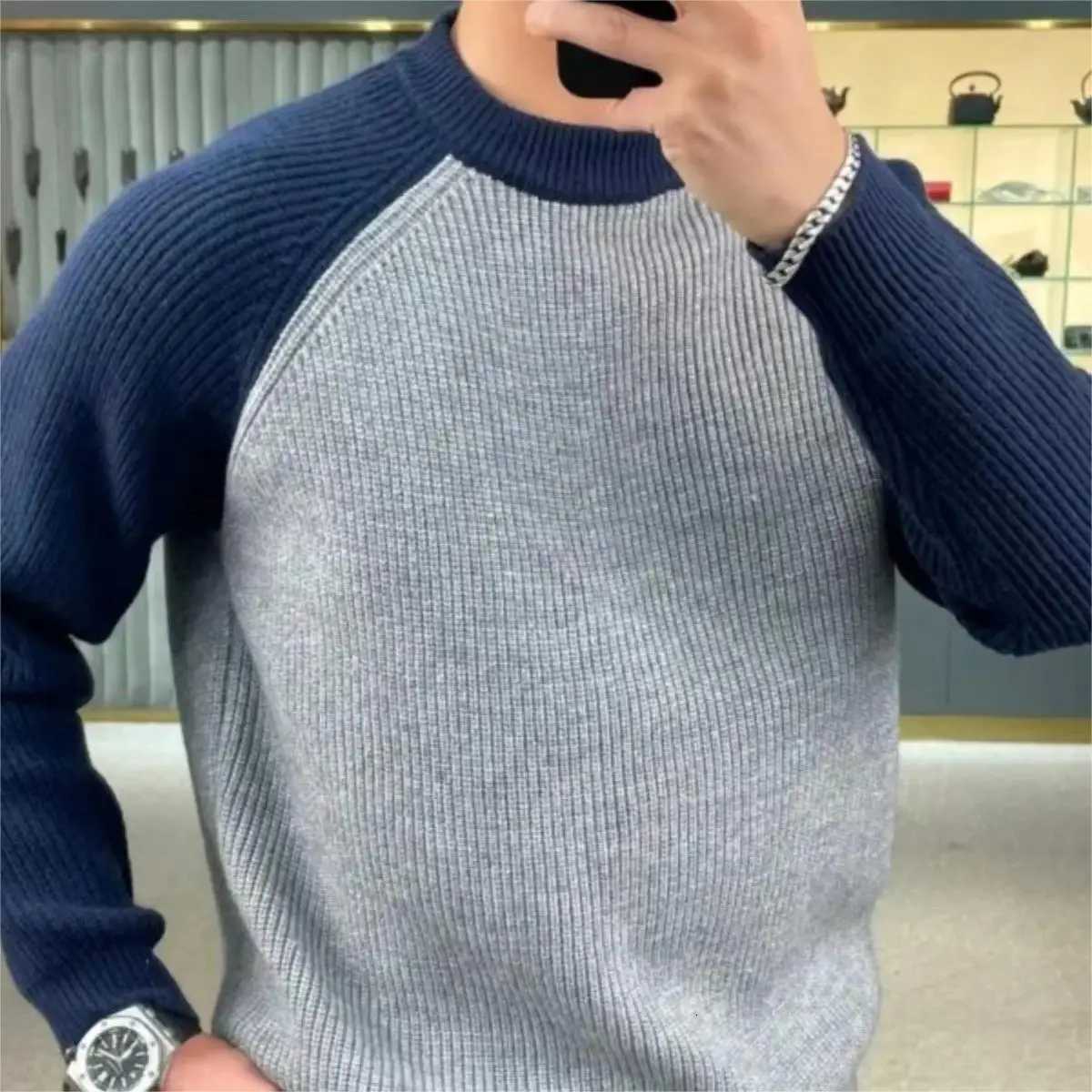 Autumn and winter fashionable warm color blocked pullover sweater loose and casual European and American mens base sweaterT251103