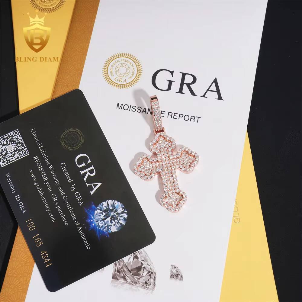 Hot Sale Fashion Jewelry 925 Sterling Silver Golden Plated Iced Out Moissanite Charms Cross With Flowers Pendants for Men