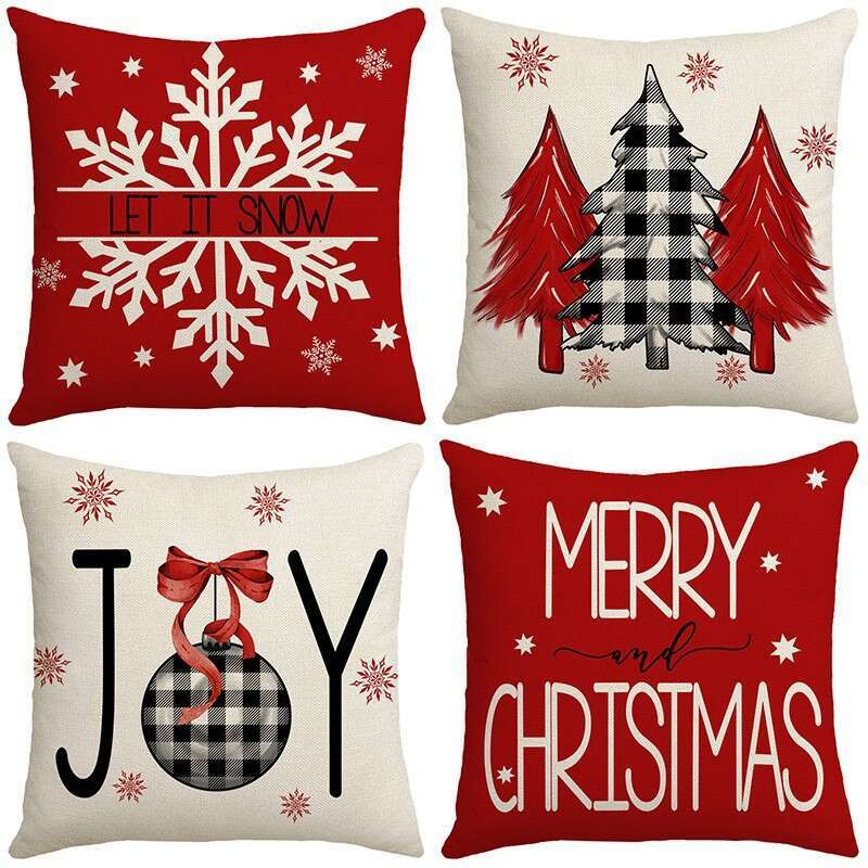 New Christmas Throw Pillow Cushion Home Decor Short Plush Linen Printed Pillowcase A set of four pieces