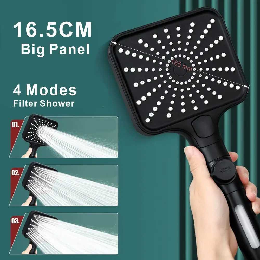 New 16CM Big Panel 4 Modes High Pressure Shower OneKey Stop Water Massage Shower With Filter Bathro Accessories Y251103