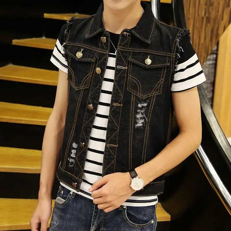 Men Ripped Denim Waistcoats Vests Jackets Light Blue Holes Denim Coats Vests New Fashion Male Cotton Slim Jeans Waistcoats 6XL X250403