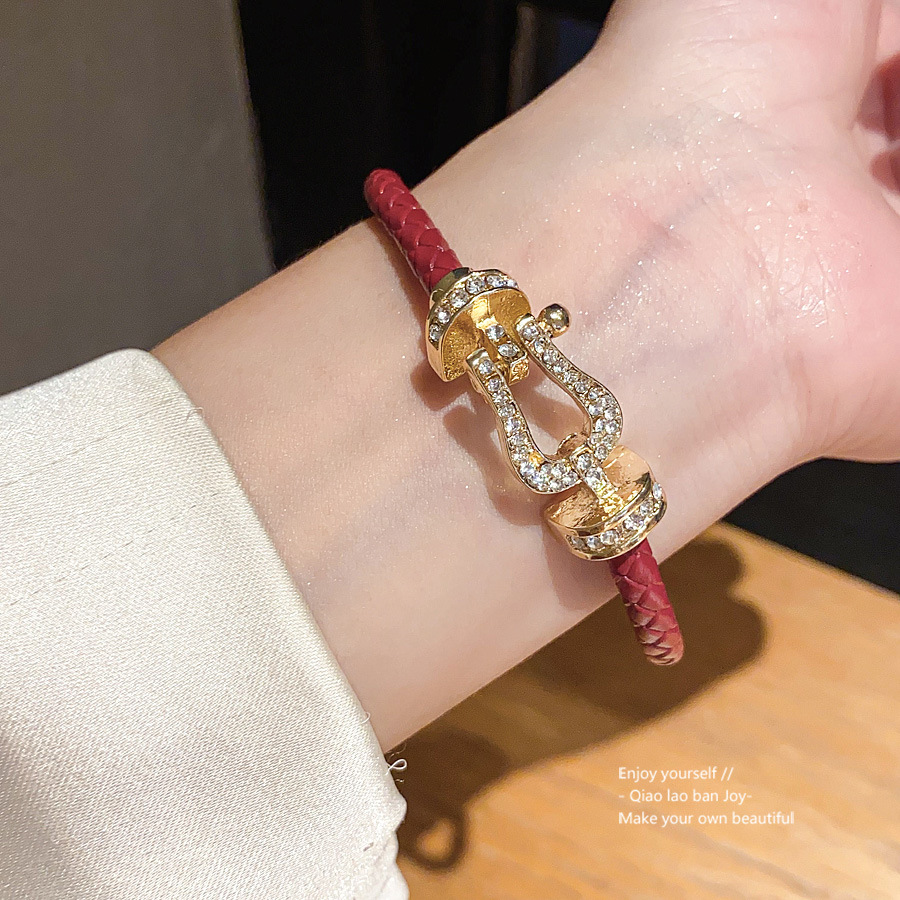 Gold Toned Red Braided Leather Bracelet With Rhinestone Embellished Clasp Detail Delicate Daily Elegant Jewelry Gift For Her High Quality Stylish Acce