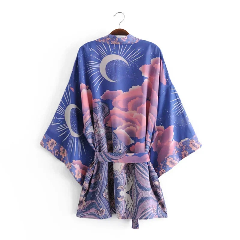 Happy Queens Retro Star and Moon Flower Printed Belt Womens Bohemian Vneck Bat Sleeves Happy Short Skirt Kimono 250324Z