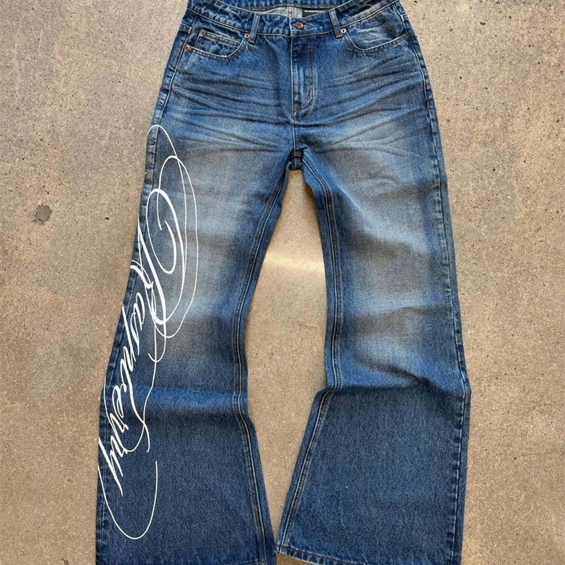 European American Fashion High Waist Women Sexy Jeans Slimming Blue Washed Casual Flared Street Print Denim Pants y251009