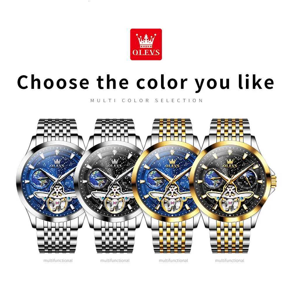 OLEVS Luxury Brand Mens Watches Luminous Waterproof Fully Automatic Mechanical Watch Starry Sky Dial Moon Phase Hollow OutW251104