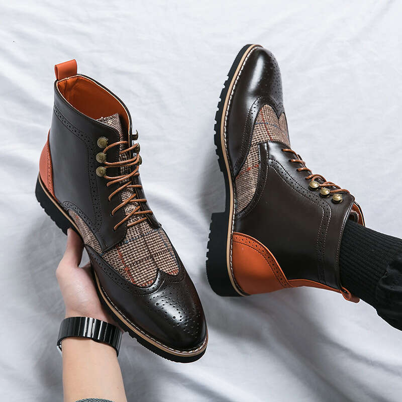 2024 Men's Large Size Spring New Leather Boots Fashion British Style High Top Shoes Trend