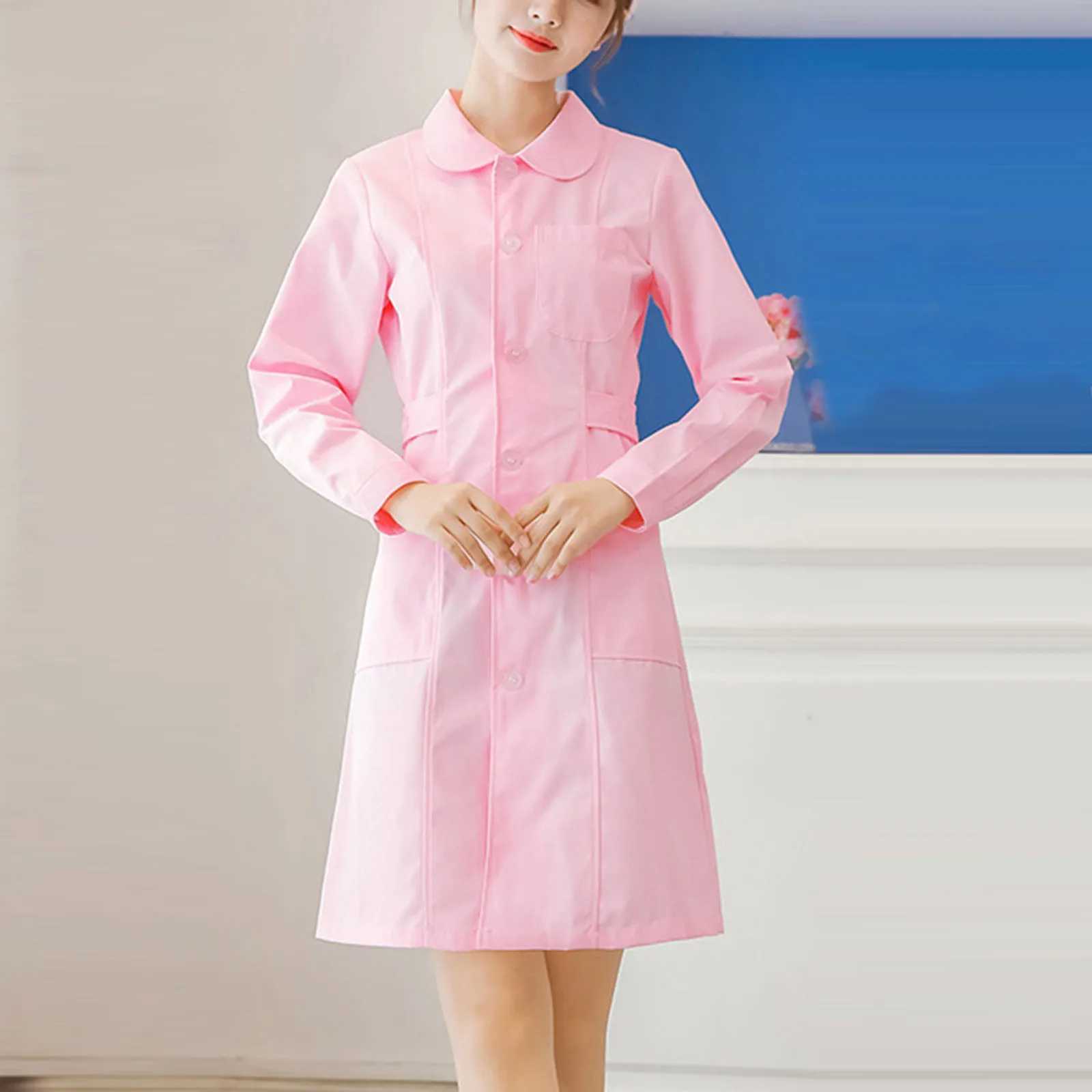 Long Sleeve Nurse Uniform Womens Lab Coat Winter Pharmacy Beauty Salon Intern Work Uniform Set Plus Size Dress Coat J251103