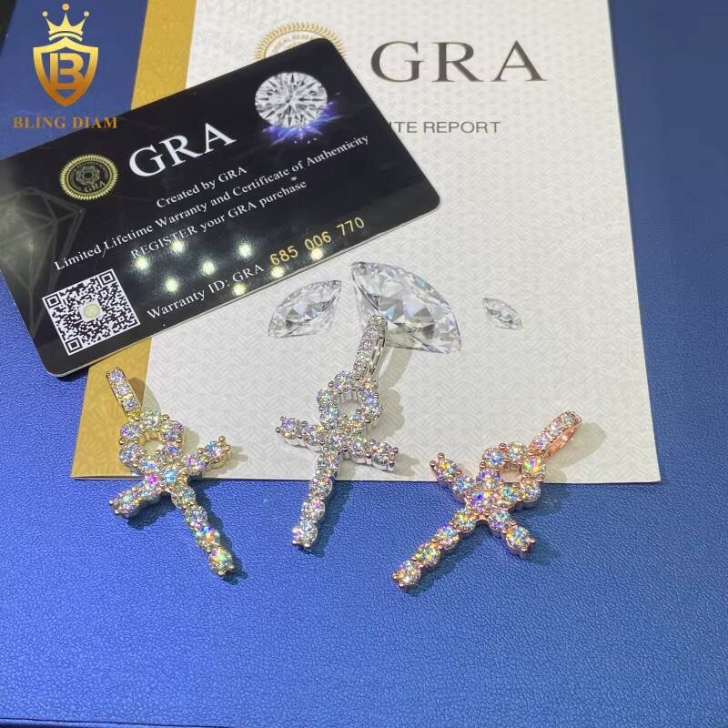 Hot Sale Iced Out Moissanite Cross Pendant Flower Shape HipHop 925 Silver Moissanite Pendant Men Pass Diamond Tester with GRA