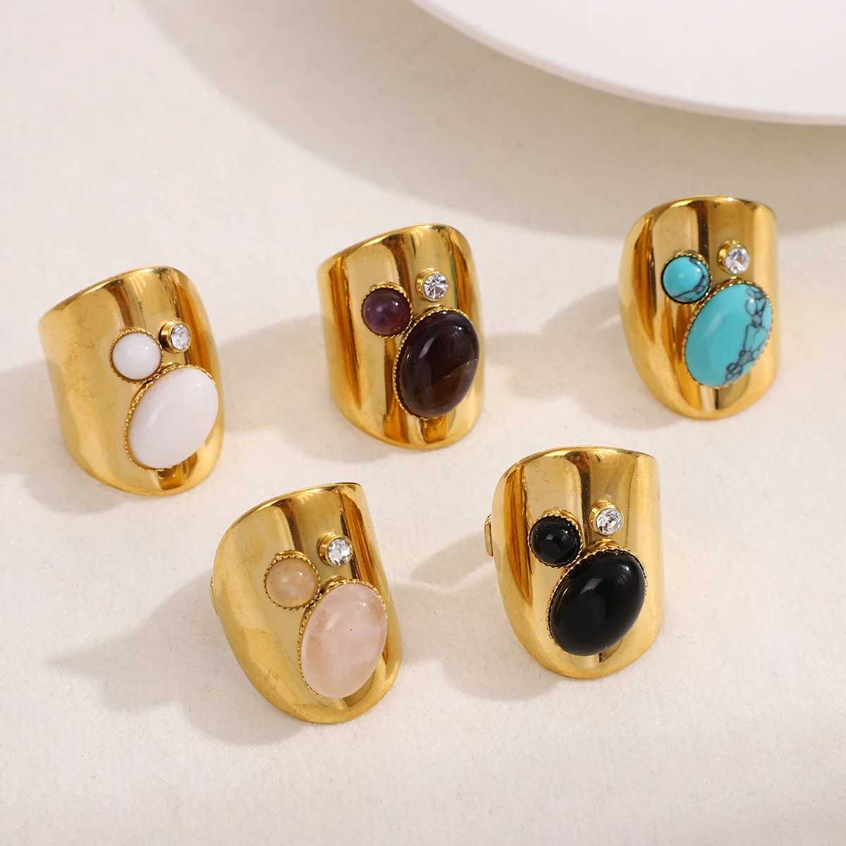 Retro Wide Stainless Steel Rings For Women Girls Vintage Boho Natural Stones Zircon Adjustable Wedding Engagement Ring Jewelry C251103