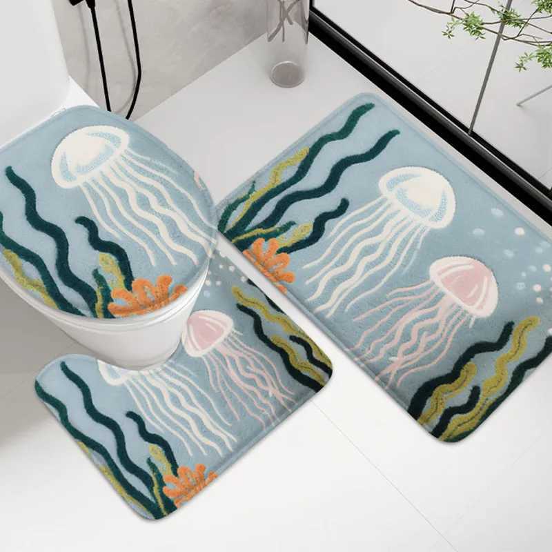 3pcs seahorse bathroom flannel carpet bathroom door mat bathtub anti slip mat U-shaped absorbent floor mat toilet lid mat C251103