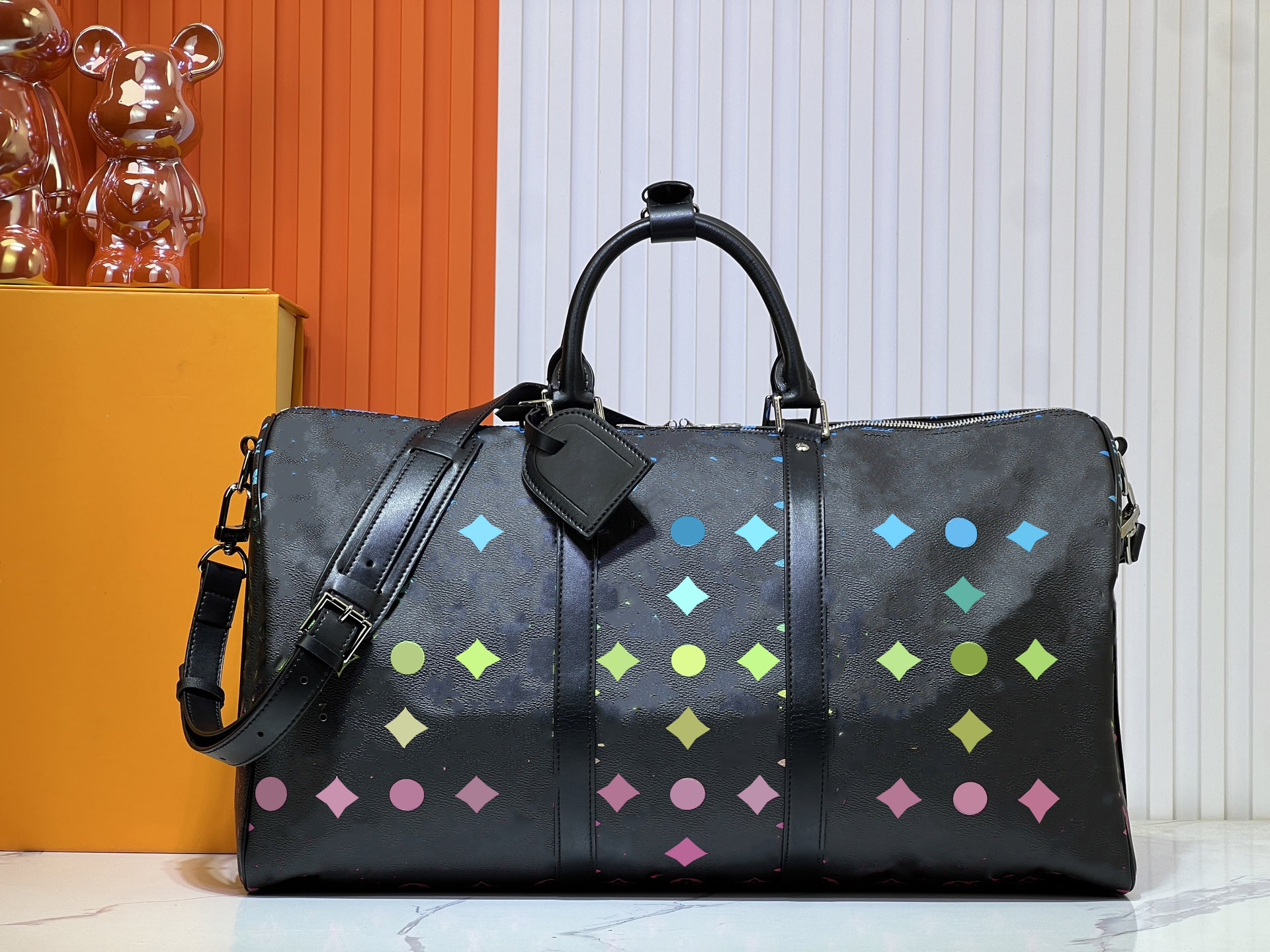 M13745 men keepall travel bag Takashi Murakami Gradient tricolor Co-signed Handbag Handle Shoulder Strap Crossbody Calfskin New Epi Bag Classic printing 50CM