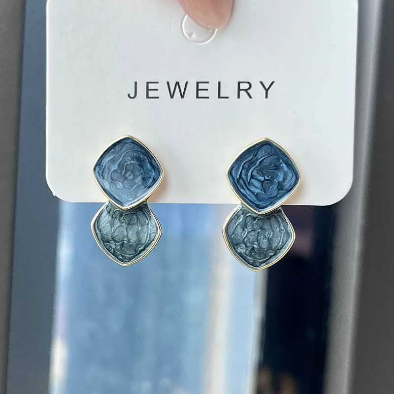 Bohemian Square Blue Zircon Stud Earrings For Women Fashion Enamel Geometric Pendant Earrings Charms Vintage Daily Jewelry Gift C251103