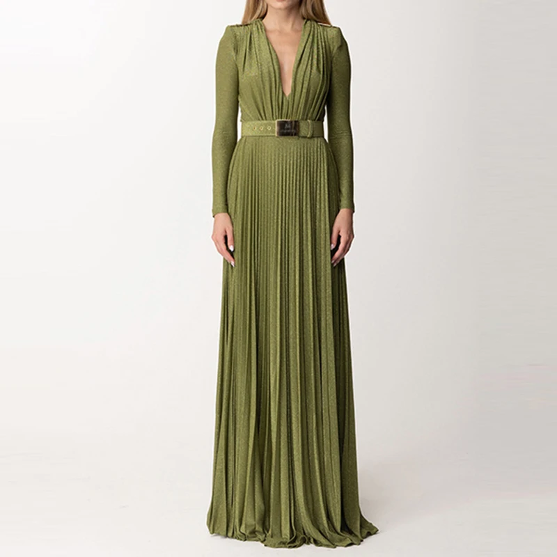 Women High Waist Slim Solid Long Dress 2024 Elegant Long Sleeve Party Dress Sexy Deep V-neck Draped Solid Evening Dress