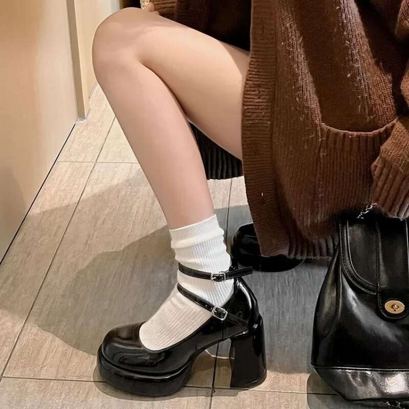 2024High Heels Women's Spring Autumn Pumps Shoes Red Black Retro Thick Soled Jane Ankle Buckle 9cm Chunky