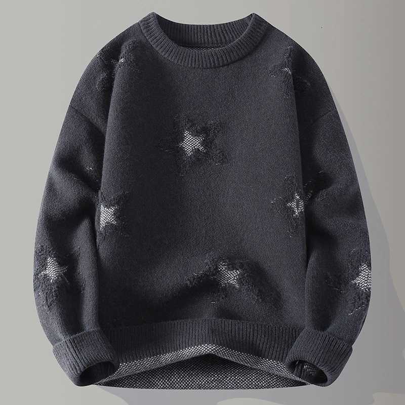 Solid Color Perforated Star Pattern Knitted Sweater Autumn Winter Korean Mens Clothing 2025 Thick Warm Mens TopsT251103