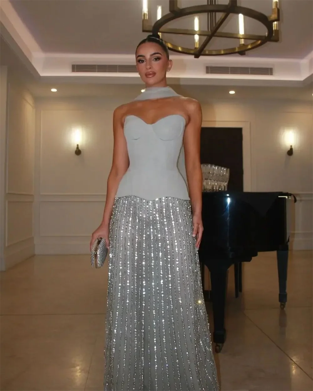 Sky Blue Strapless Hanging Beaded Prom Dress Floor-length vestidos de noiva Customized Sleeveless Zip Back Evening Dresses