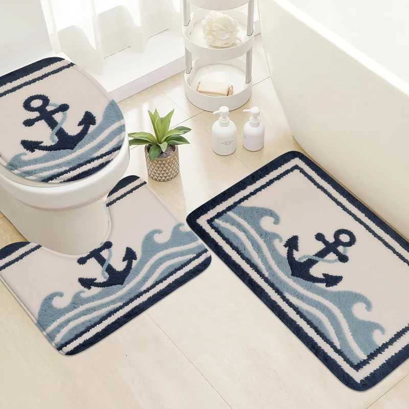 3pcs ocean cartoon pattern bathroom floor mat U-shaped toilet lid mat laundry room anti slip mat home flannel carpet door mat C251103