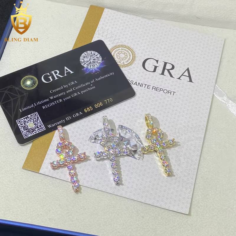 Hot Sale Iced Out Moissanite Cross Pendant Flower Shape HipHop 925 Silver Moissanite Pendant Men Pass Diamond Tester with GRA