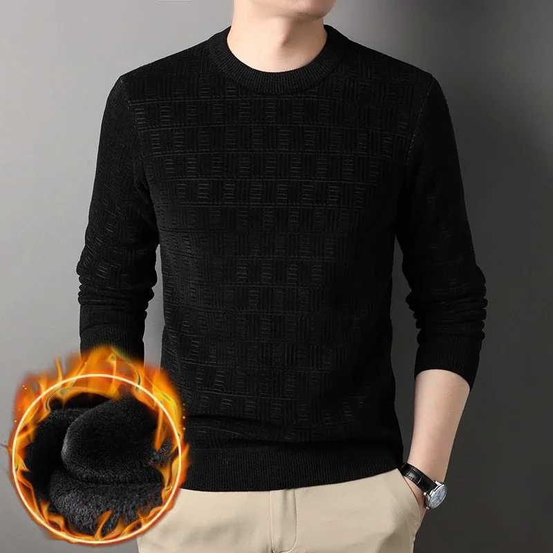 Chenille Winter Warm Sweaters Men Plaid Jacquard O-neck Pullovers Fleece Thick Knitwear Male Business Casual Knitted SweaterT251103