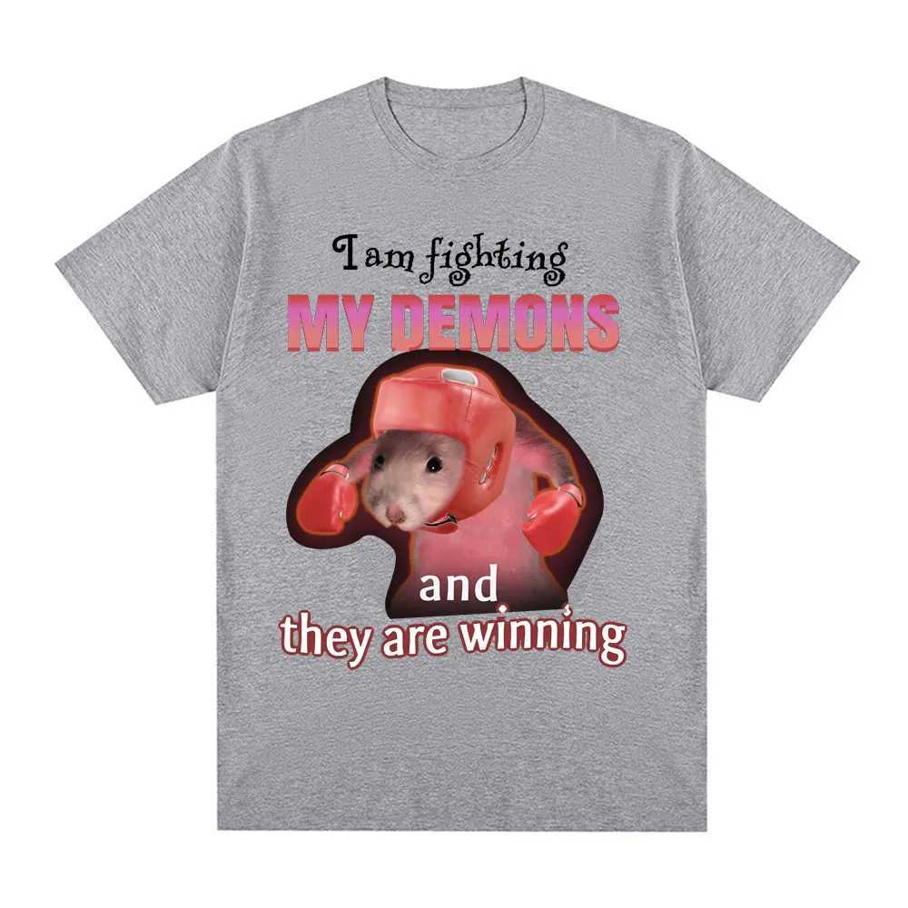 Funny I Am Fighting My Demons and The Are Winning Rat Meme T-shirt Men Fashion Creative T Shirts Short Sleeve Oversized T-shirts X250403