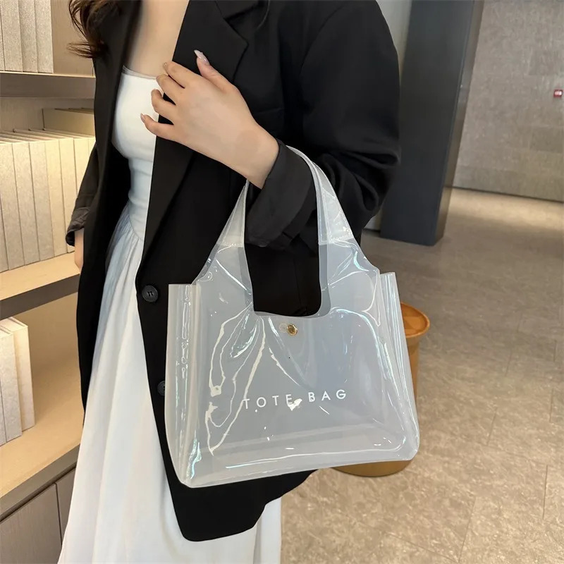 PVC Beach Bag Large Capacity Shoulder Bags Magnetic Closure Clear Grocery Handbag Transparent Waterproof Storage Pouch Tote Bags 250401