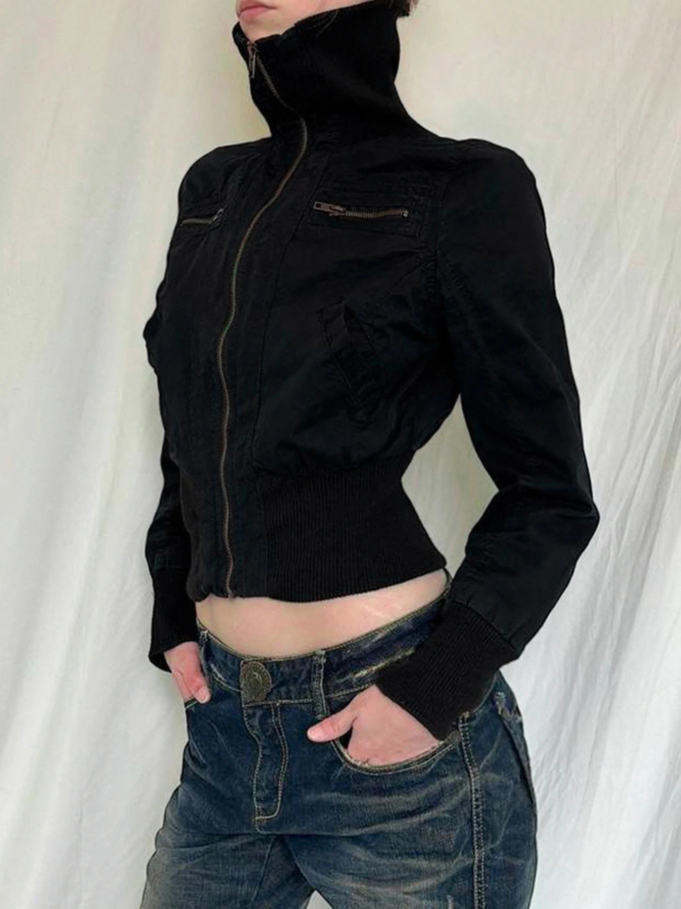 Korean Street Style Black Zip Up Turtleneck Slim Long Sleeve Bomber Jackets For Women 2024 Autumn Fashion Gothic Outwears250324