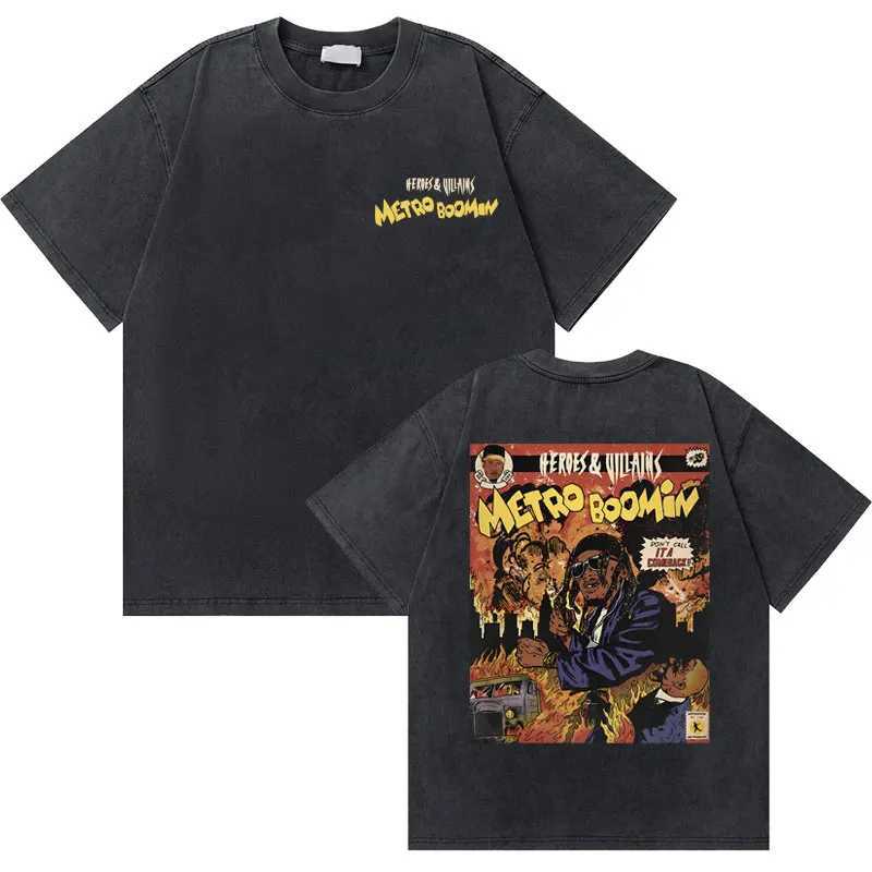 Rapper Metro Boomin Heroes Villains Graphic T-shirt Men Fashion Washed Vintage Short Sleeve Tees Male Hip Hop Oversized Tshirt X250403
