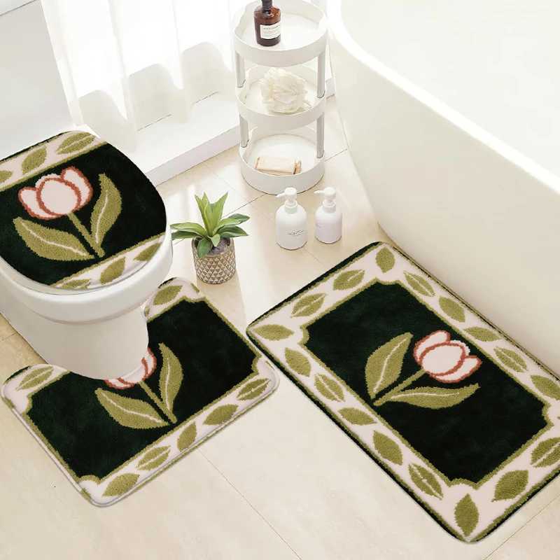 3pcs plant flower home door mat U-shaped toilet floor mat shower room carpet toilet anti slip pad absorbent pad flannel carpet C251103