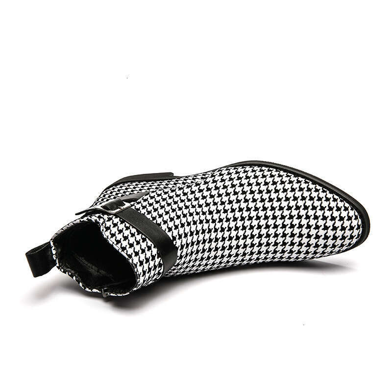 Four Seasons Large Pointed Short High Gang Thousand Grid Bird Buckle Leather Boots Black and White Business Dress Men's Martins