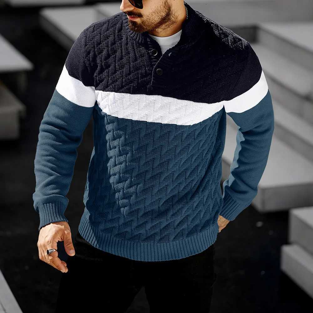 Mens Sweater Autumn Warm Contrasting Color Shawl Collar Pullover Long Sleeve Fit Casual Cable Knit Tops US SizeT251103