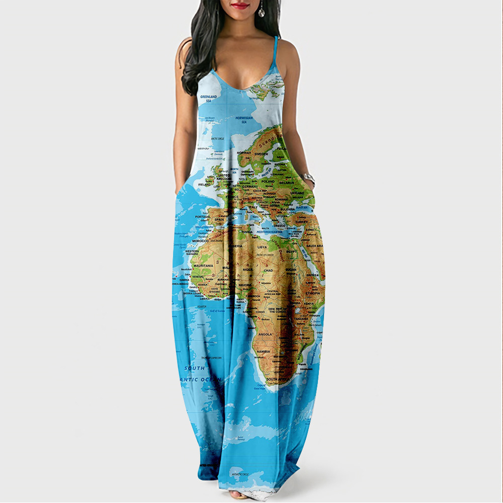 2022 New Summer Cool Style Strap Long Dress Map Digital Print Elegant Street Dress 230330