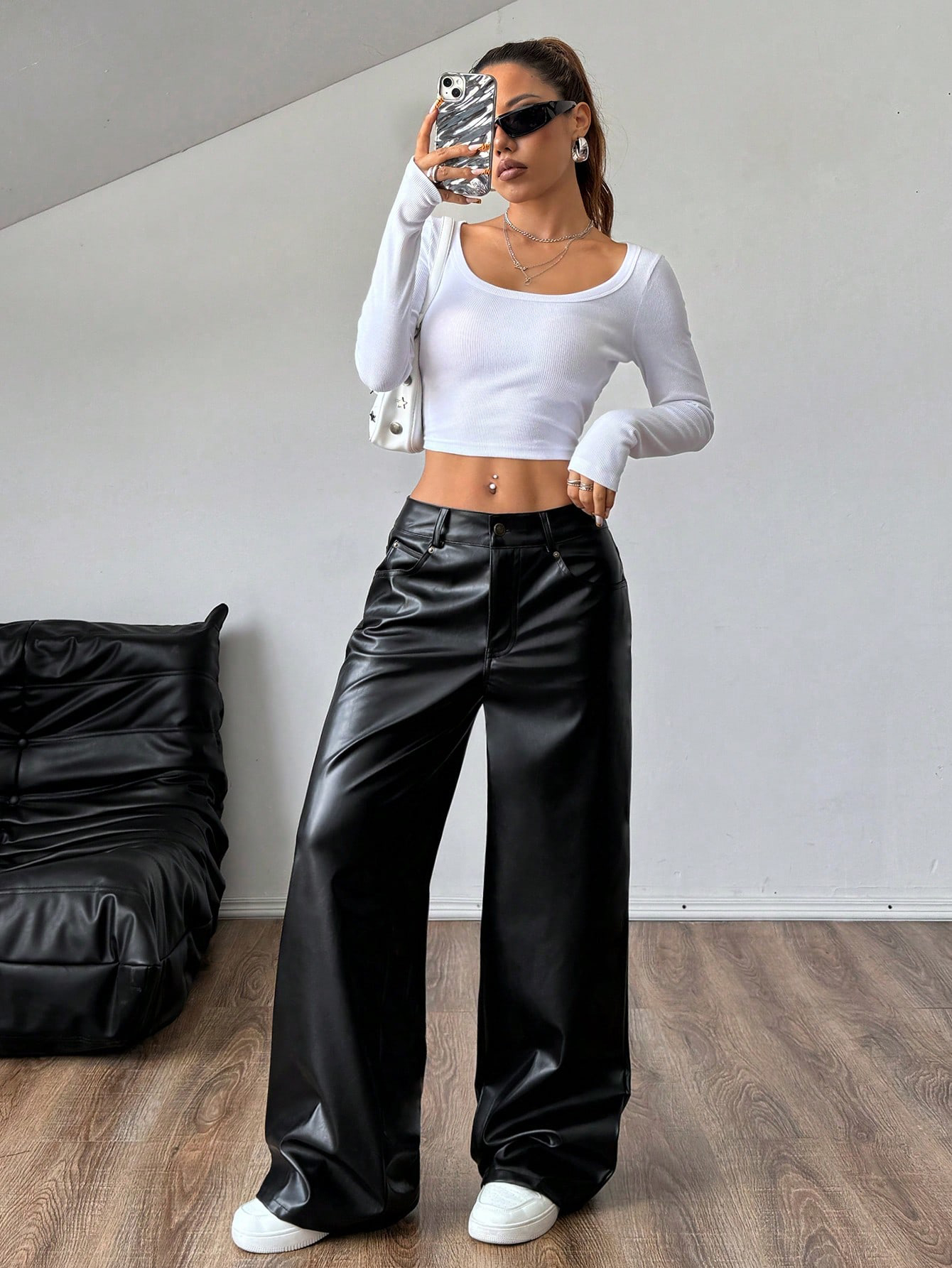 Trendsetting Black PU Leather Ladies' Stride Jeans for a Modern Look Available Sizing from Extra Small to Double X-Large-104