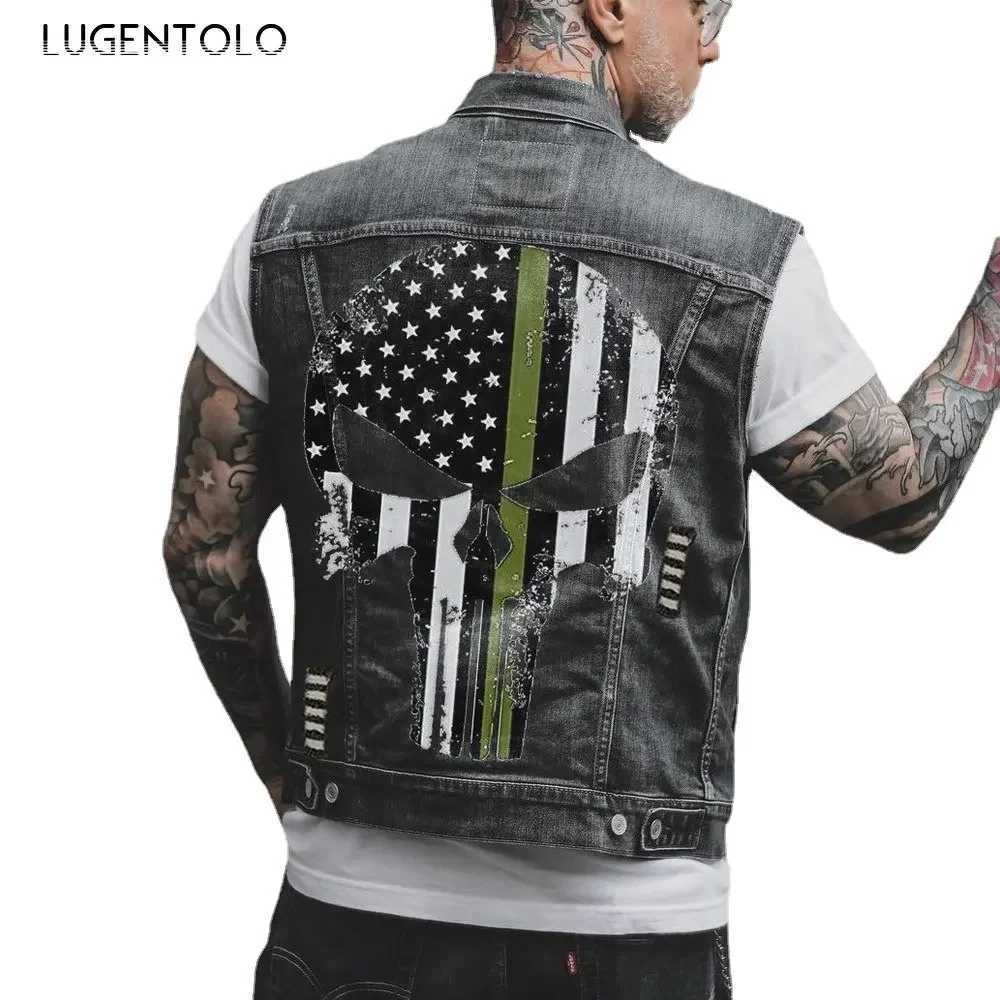 Skull Jean Jacket Men Motorcycle Denim Vest Large Size Spring Summer Streetwear Waistcoat X250403