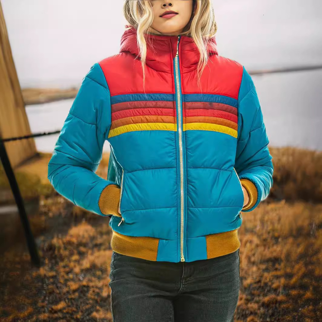 designer Women's Casual Printed Short Jacket Winter Color-Block Hooded Cotton Coat