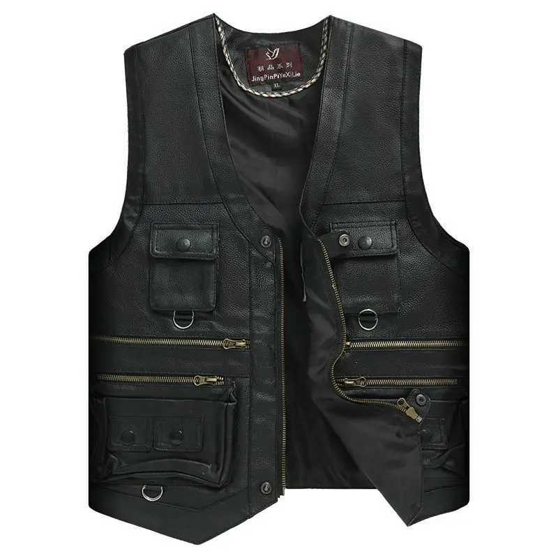 2024 Cowhide Genuine Leather Man Vest Waistcoat Male clothing Jacket Thick Motorcycle Multi Pocket leather biker Men safety vest X250403