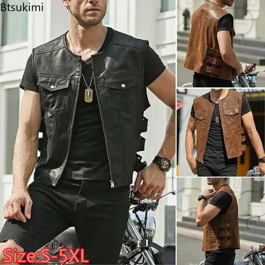 New Arrivals Fashion Mens PU Leather Motorcycle Vest Korean Style Trend Sleeveless O-neck Zip Vest Jacket Handsome Men Clothing X250403