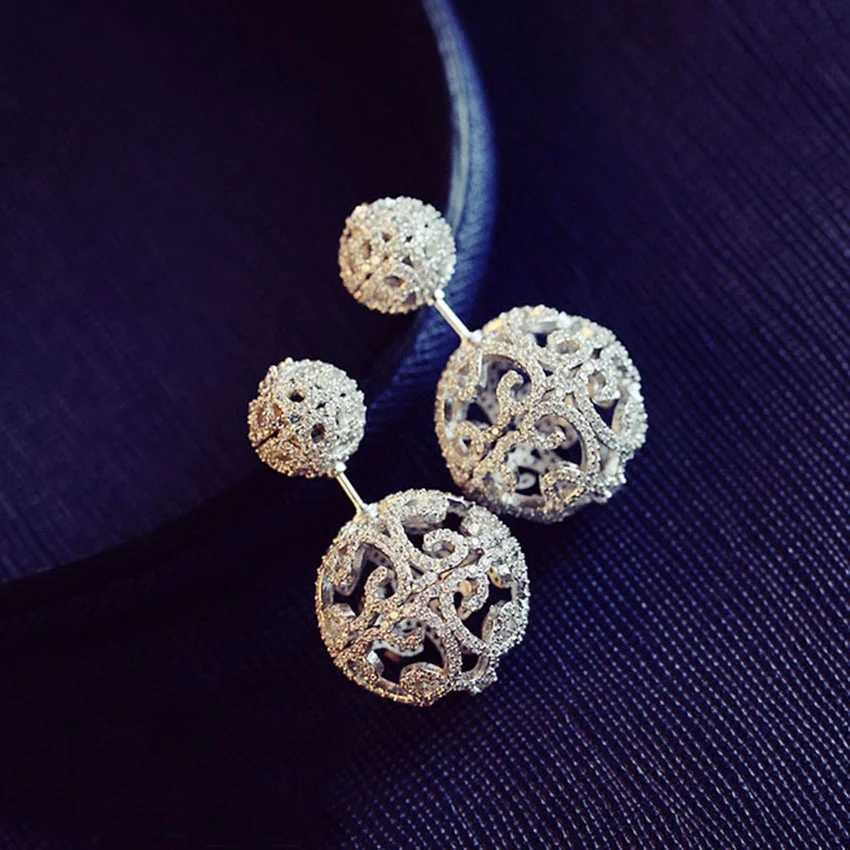 Korean Fashion Miniature Zircon Pave Double sided Hollow Ball Jacket Earrings Suitable for Womens Fashion Clothing Jewelry Pendiente Mujer Y250401