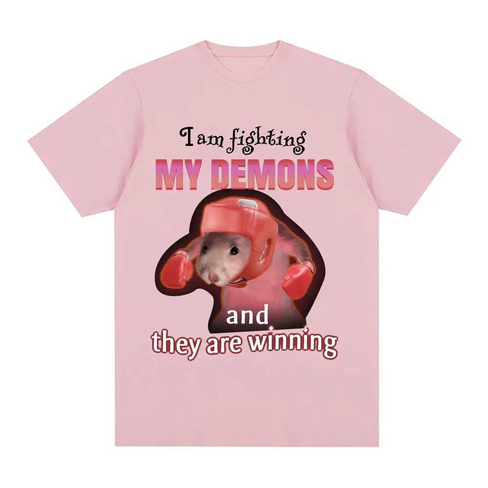 Funny I Am Fighting My Demons and The Are Winning Rat Meme T-shirt Men Fashion Creative T Shirts Short Sleeve Oversized T-shirts X250403