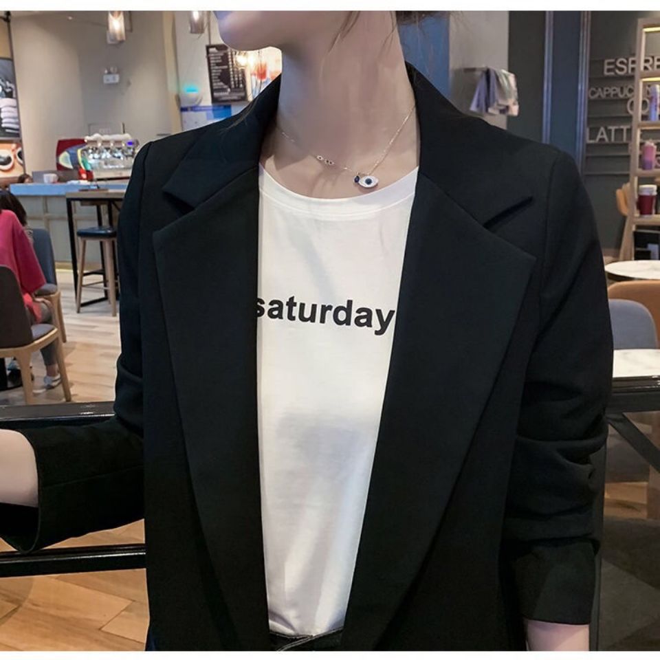 D42Spring/Autumn Casual Wear: Women's Korean Style Medium-Length Black Blazer with Full Sleeve Detail