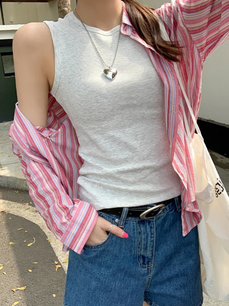 2025 womens vest sexy shoulder Oneck solid knit casual sports basic elastic 250403e