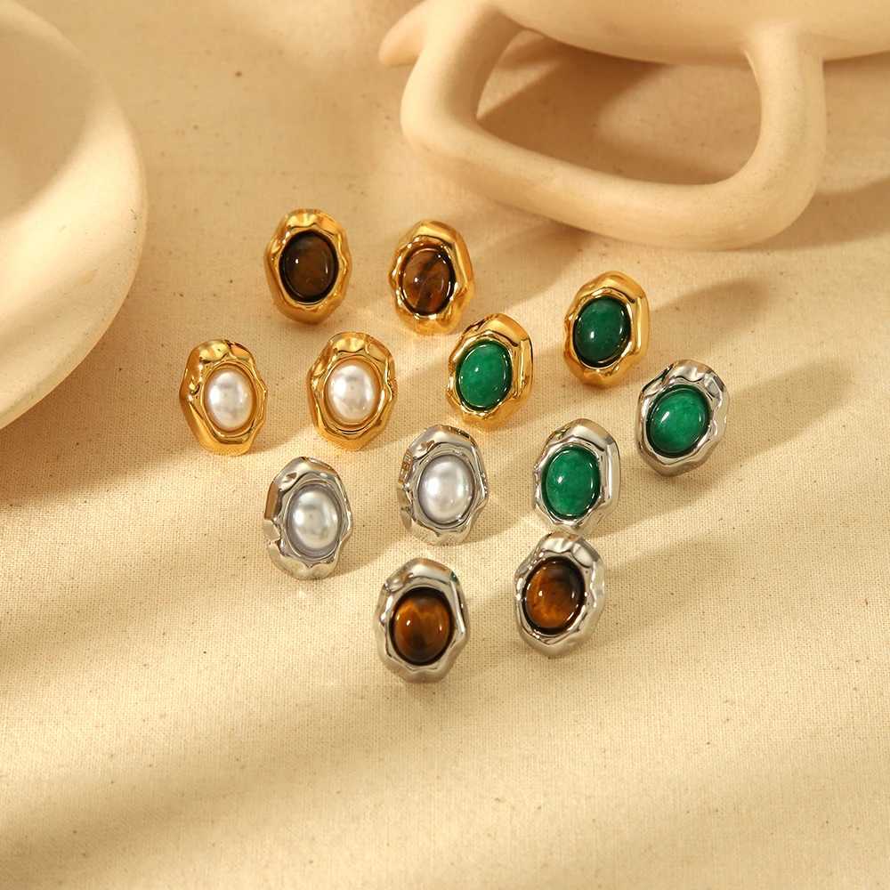 Fashion 18K Gold Plated Irregular Geometric Stud Earrings Waterproof Stainless Steel Nature Stone Pearl Earrings Jewelry C251103