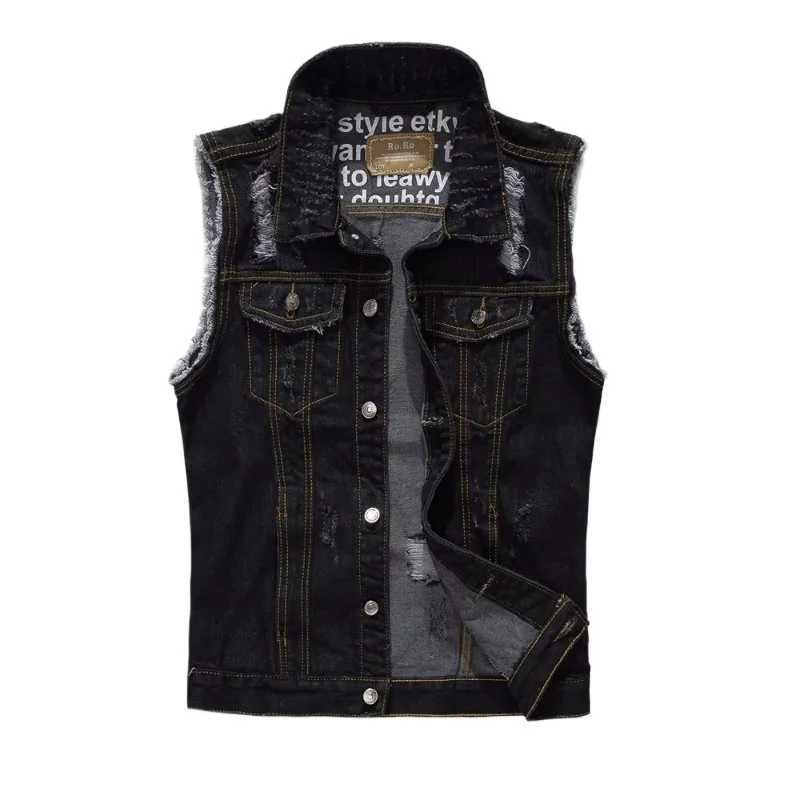 New Summer Men Light Blue Denim Vests Jackets Fashion Male Denim Waistcoats Vests Man Cotton Streetwear Holes Jeans Vests 5XL X250403