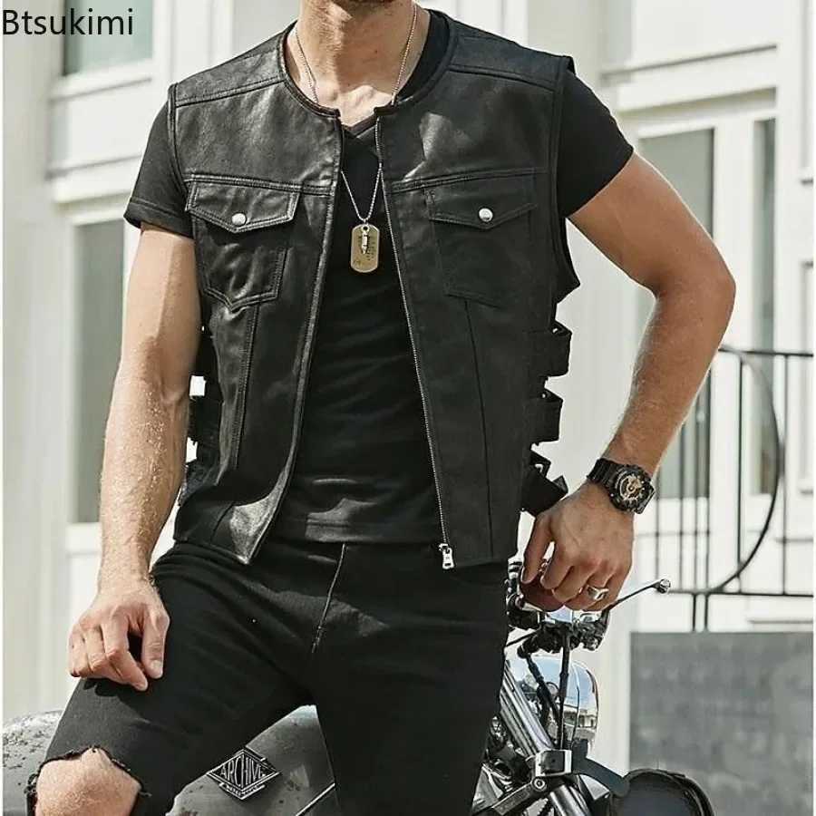 New Arrivals Fashion Mens PU Leather Motorcycle Vest Korean Style Trend Sleeveless O-neck Zip Vest Jacket Handsome Men Clothing X250403