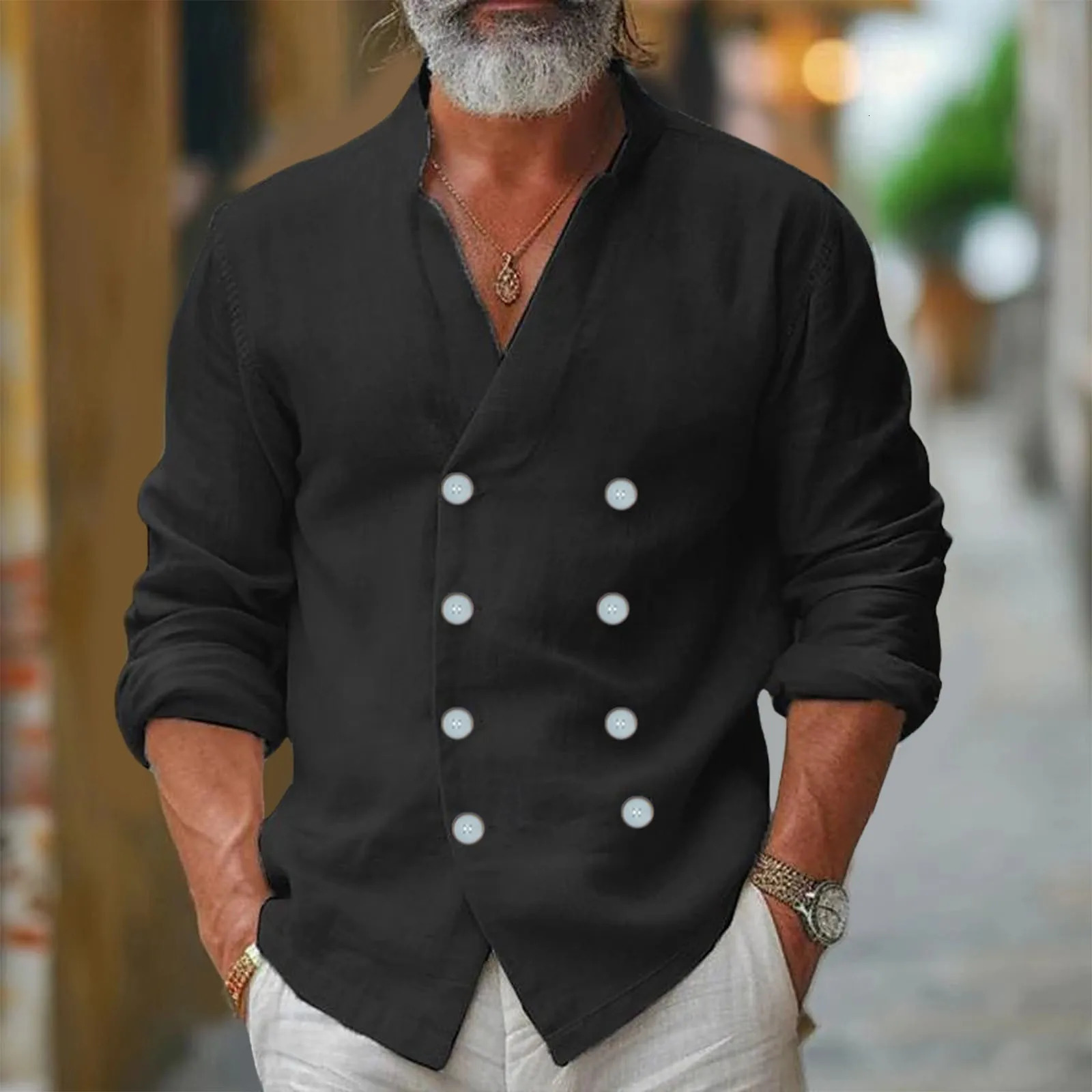 Mens Double Chest Standing Solid Color Long Sleeve Pocket Regular Fit Button Work Shirt Camisa Masculina 250403e