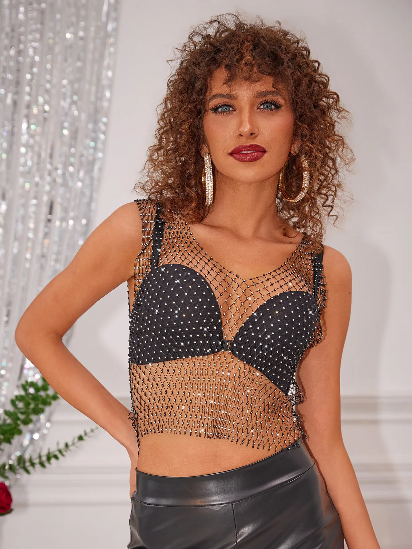 Sexy Club Diamond Net Vneck Vest Womens Summer Cover Bikini See Through Party Crop Top 250403e
