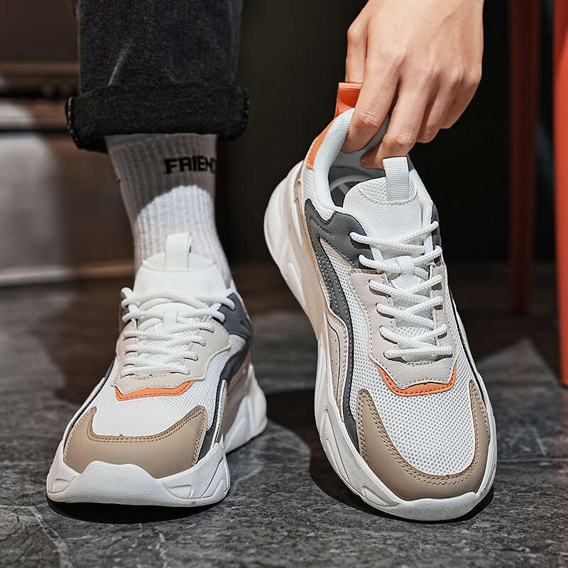 Large size breathable mesh Spring and Autumn new fashionable casual single Men's color blocked sports thick soled white shoes